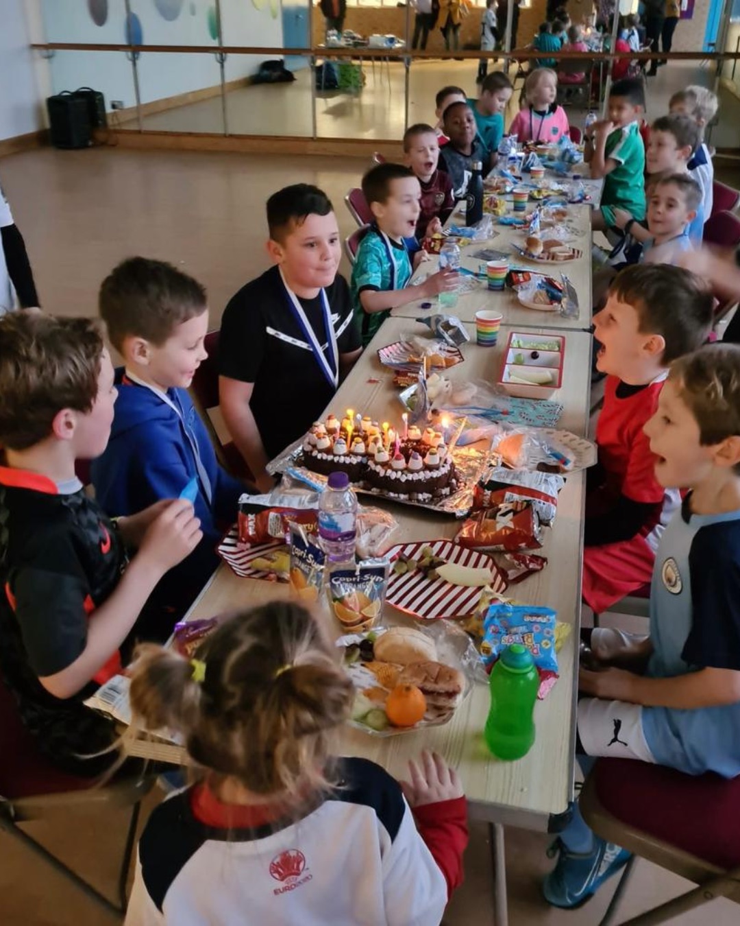 Children celebrating at a Foot-Tech football party